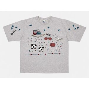 Vintage Cal Cru Farm Scene T Shirt XL Grey Single Stitch 90s USA Puff‎ Paint